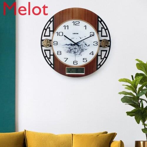 Chinese Clock Radio Wave round Wall Clock Atmospheric Quartz Clock with Perpetual Calendar Living Room Home Clock