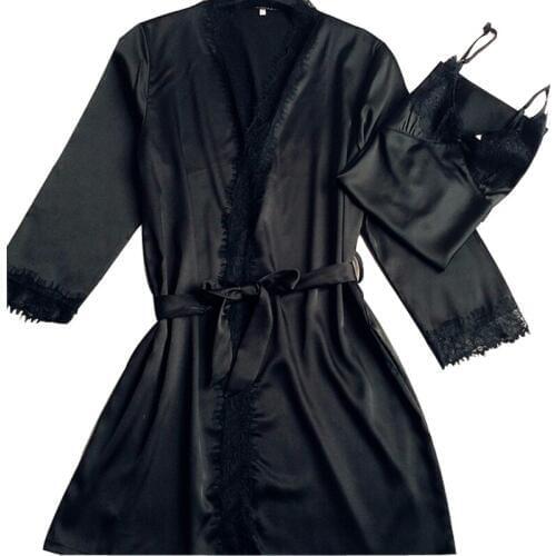 Black 2PC Womens New Lace Robes Sets Gown Pajamas With Belt Bathrobes Long Sleeve Sleepwear Brand Nightgown M L XL XXL 011923