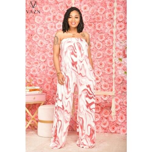 VAZN 2021 Hot Shinny Slim Strapless Sleeveless Loose Colorful Tie Dye Print Sexy Club Holiday Joker Women Wide Leg Jumpsuits