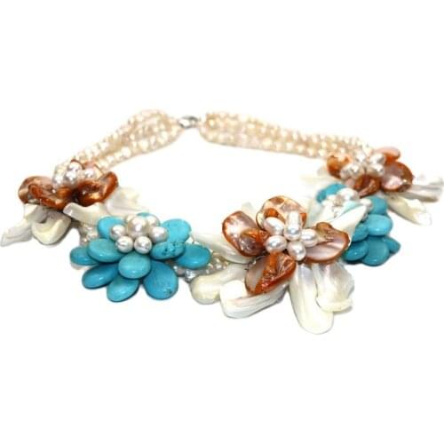 MADALENA SARARA 6-7mm Pearl European American Festival Freshwater Pearl Women Necklace Shell Flower Style 18" Colorful Multi-row