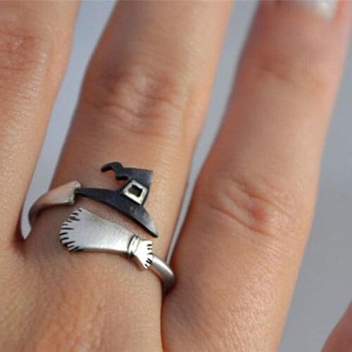 Fashion Cute Halloween Ghost Witch Broom Finger Ring Open Rings For Man Woman Party Cosplay Jewelry