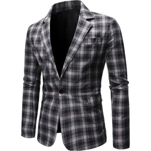Autumn New Fashion Men Business Blazer Flap Pockets Lapel Casual Long Sleeve Plaid Print Single Button Men Suit Coat Workwear