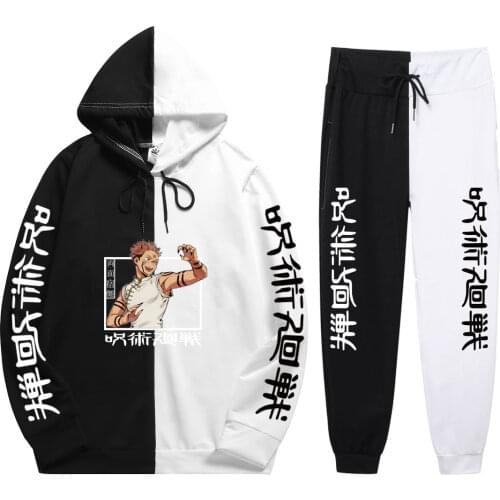 2021 Fresh Summer Mens 2 Pieces Sets Anime Jujutsu Kaisen Print Patchwork Thin Hoodie+PatchworkPants Sweatshirt New