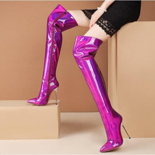 2021 Spring Autumn New Stiletto Heels Side Zipper Laser Fabric Red Patent Leather Iron Heel Over The Knee Boots