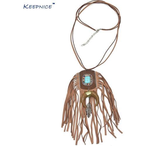 New Boho Tibet Silver Tauren pendant necklace cotton Tassel charm leather fringe Necklace stone bead pendant necklace