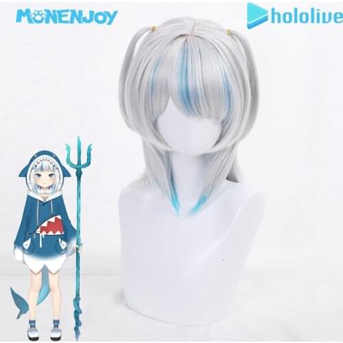 Monenjoy Hololive Gawr Gura Cosplay Wig Game Silver Highlights Blue Cos Hair