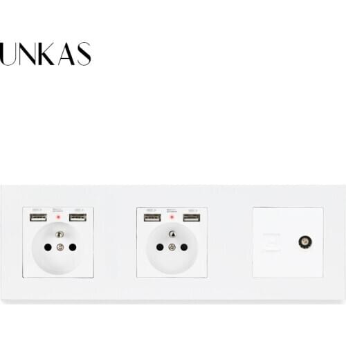 UNKAS PC Plastic Panel Double French Standard Socket with 4 USB Female TV Jack With Internet Computer Data RJ45 CAT5E