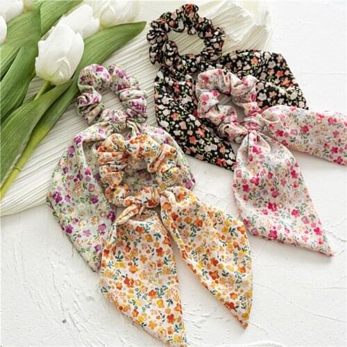 Korean Cute Floral Women Hair Scrunchie Bows Ponytail Holder Hairbands Bow Knot Scrunchy Girls Hair Ties Hair Accessories