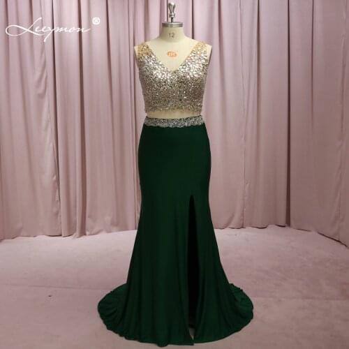 Leeymon Luxury Mermaid Two Piece Evening Dresses 2020 Full Beaded V Neck Slit Vestido De Festa Long Party Dress