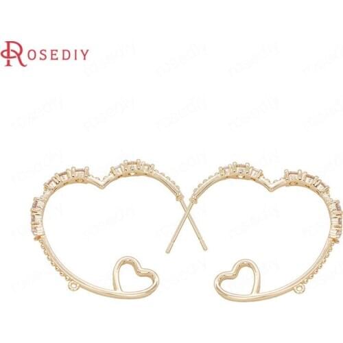 39486)4PCS 11x9MM 24K Gold Color Brass and Zircon Heart Stud Earrings Pins Earrings Jewelry Making Supplies Diy Accessories