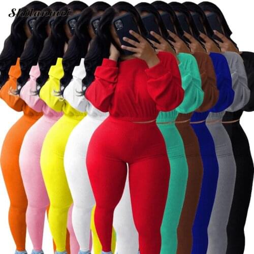 Sporty Solid Sweatsuit WomenS Set Long Sleeve Crop Tops Legging Pants Set Activewear Female Tracksuit 2 Piece Casual Outfit Set