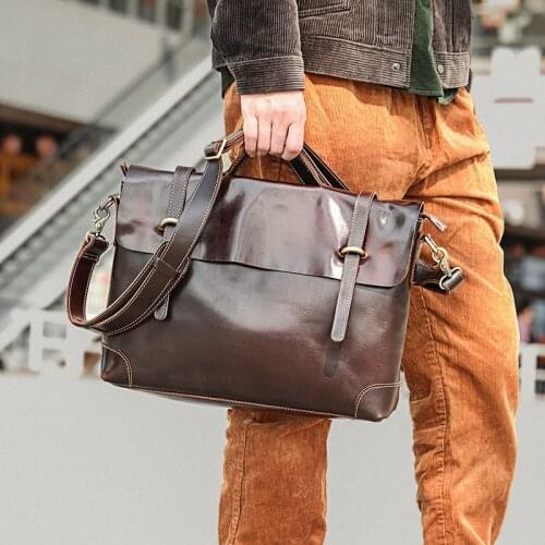 Natural real leather mens capacity portable briefcase computer bag simple casual crazy horse leather business messenger bag