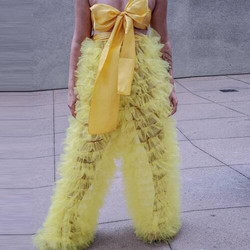 Light Yellow Only Pant Tiered Tulle Puffy Pants Fashion Woman High Street Tiered Ruffles Long Tulle Pants Women Loose