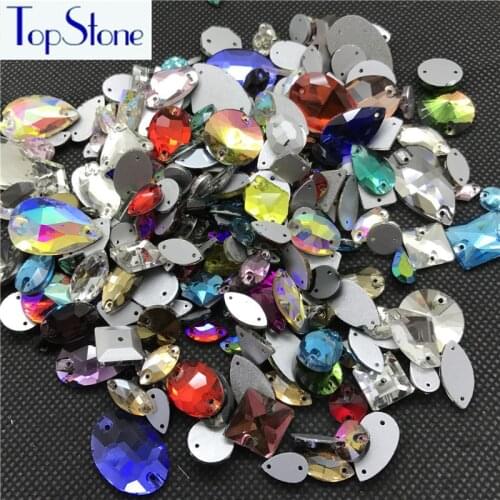 Topstone 50pcs Sewing Glass Crystals Mix Size Shape Mix Colors Flatback Sew on Rhinestones Wedding Dress Clothing Decoration