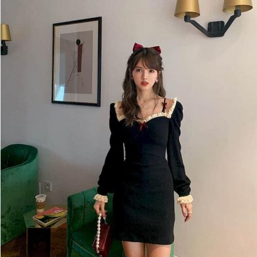 Slash Neck lace-trimmed knitted dress girl retro elegant temperament waist waist dress was thin 2021 autumn winter new dress