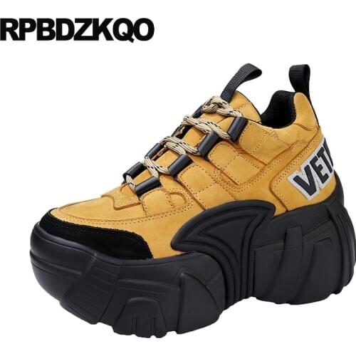 Women black chinese suede comfy thick sole wedge yellow genuine leather lace up harajuku creepers platform shoes elevator muffin