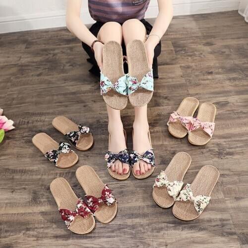 Women Summer Straw Beach Slippers Plus Shoes Female Bowknot Flax Linen Flip Flops Beach Shoes Sandals Slippers