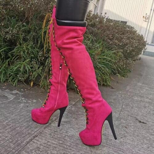 Olomm Handmade Women Platform Over The Knee Boots Thin High Heels Boots Round Toe Charm Red Party Shoes Women Plus US Size 5-20