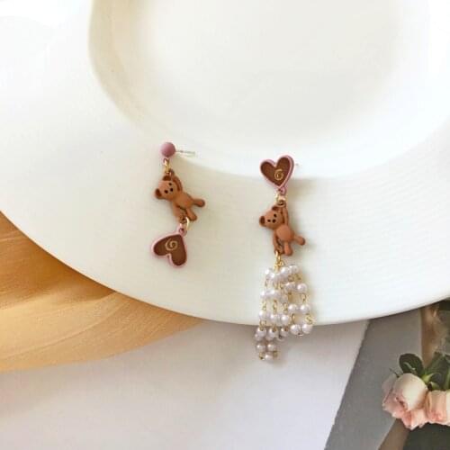 Tassel Pearls Temperament Asymmetric Clip on Earrings Hearts Little Bear Womens Earrings