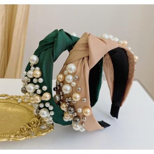2020 Japan Korean New Vintage Simulated Pearl Decorated Knotted Wide Cloth Hairbands For Women Fashion Hair Accessories