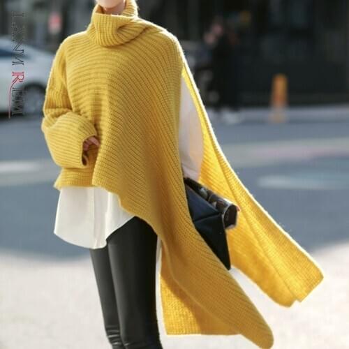 LANMREM Irregular Sewater Female Turtleneck Batwing Sleeve Asymmetrical Knitting Pullover Jumper 2021 autumn Korean WB519