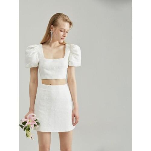 Celebrity Bandage Dress White Two Pieces Suit Square Collar Puff Sleeves Woman Skinny Set Vintage Vestios Fancy Female Outfit