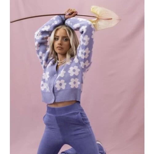 Y2k Women‘s Sweaters Casual Long Sleeve Cardigan Fashion Flower Pattern Single-breasted Knitted Coat for Fall