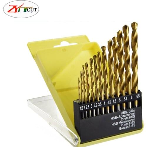 13Pcs set 1.5-6.5mm 19pcs 1.0-10mm drill bit High speed steel titanium plated twist drill set,HSS Straight shank twist drill