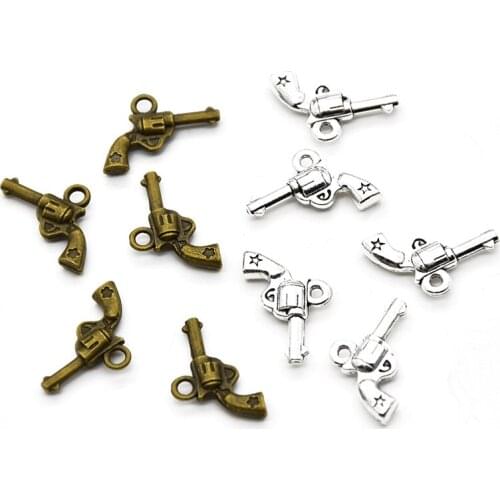 15pcs Wholesale Two Color Small Pistol Charms Zinc Alloy Metal Gun Pendants For DIY Handmade Jewelry Accessories Making 20*15mm