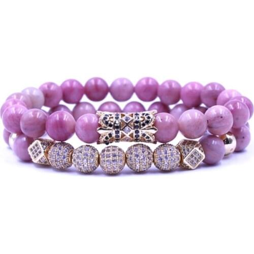 8mm 2PCS/Set mj4 gold elastic adjusted nature Rhodochrosite micro pave cz zircon cubic zirconia tube Bracelet Jewelry