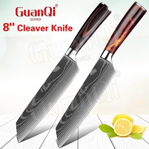 8 in Kitchen Knifes Stainless Steel Cleaver Knife Damascus Laser Pattern Chef Knife Meat Cleaver Slicing Knife Butcher Knifes