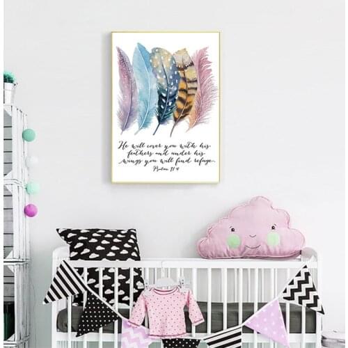 Abstract Quotes Wall Art Picture Bible Verse Psalm 91:4 Posters Canvas Painting Bird Feather Scripture Christian Home Room Decor