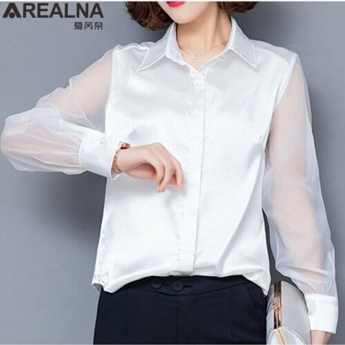 Elegant Perspective Womens Tops And Blouses 2020 spring Lantern Sleeve Silk Satin OL white office blouse women Shirts blusas 3XL