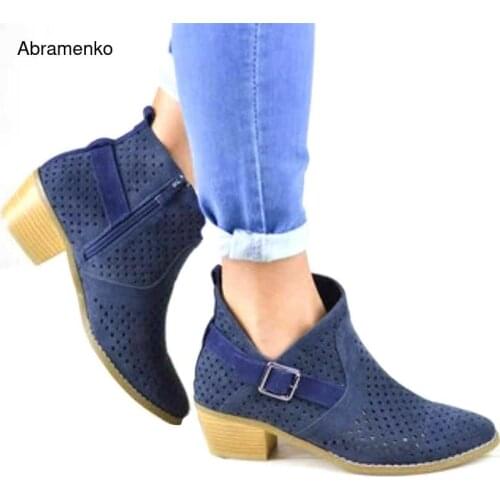 Women Shoes Retro High Heel Leather Ankle Boots Female Block Mid Heels Casual Bota 4 Colors Hollow Leather Shoes Plus Size 35-43
