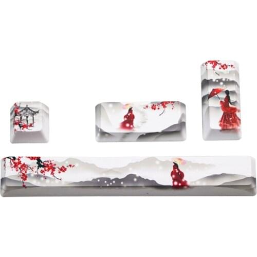 C1FB PBT Five Sides Dye-subbed Keycap Space Bar 6.25u Esc Entre Keys 4 Keys Girl in Red with Umbrella Beautiful Scene