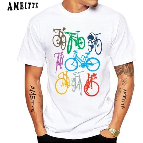 Colorful Bicycle Silhouettes Cycling Print T-Shirt New Summer Men Short Sleeve Funny Bikes Tops White Hipster Streetwear Tee