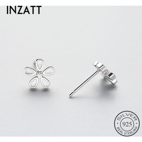 INZATT Minimalist Black White Enamel Flower Stud Earrings Trendy Real 925 Sterling Silver Fine Jewelry For Women