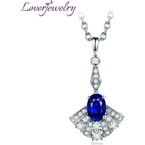 LOVERJEWELRY Blue Sapphire Pendants Necklace Real 14KT White Gold Shinning Diamond Pendant For Women Fine Jewelry New Year Gift