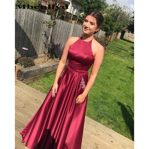 Mbcullyd A-line Long Prom Dresses With Pockets 2020 Dark Red Satin Formal Evening Dress For Women Sexy Halter robe de soiree