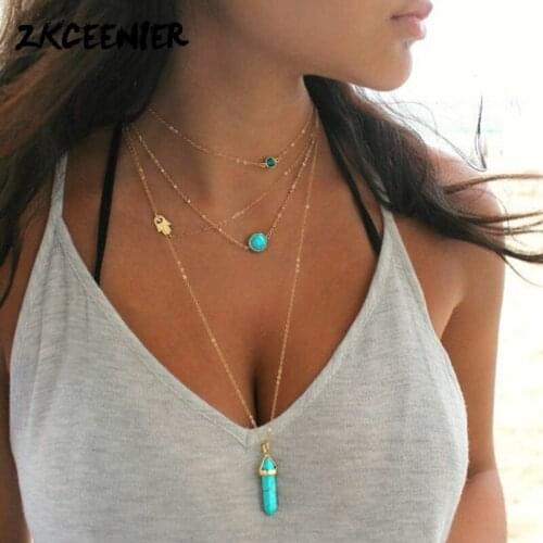 Multi-layer Natural Crystal Column Pendant Necklace Combination Fashion Women Boho Layering Chokers Chockers Girl