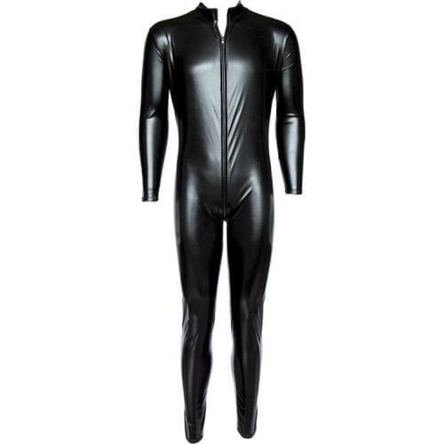Mens Front Zipper METALLIC Wet Look Shiny Lycra Second Skin Spandex Full Body Catsuit Bodysuit Zentai Suit Fetish Sexy Costume