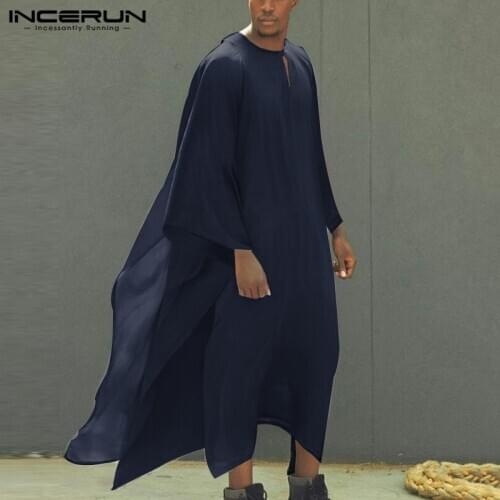 Men Robes Loose Streetwear Solid Color Islamic Arabic Muslim Kaftan O Neck Vintage Irregular Men Clothes Caftan S-5XL INCERUN