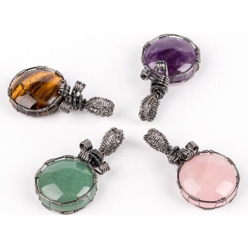 Natural stone hand-wound flat round beaded natural pendant for jewelry making DIY necklace bracelet accessories