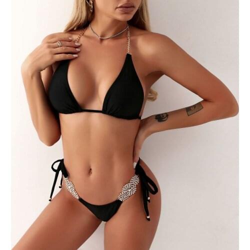 2021 New Chain Halter Swimsuit Women Diamond High cut Bikinis Mujer String Backless Swimwear Women Triangle Micro bathing suit