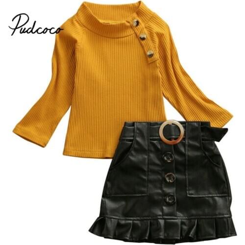 1-6Y Autumn Toddler Baby Kids Girls Clothes Sets Long Sleeve O-neck Knit Tops Sweater+Leather Mini Skirt Warm Outfits Sets