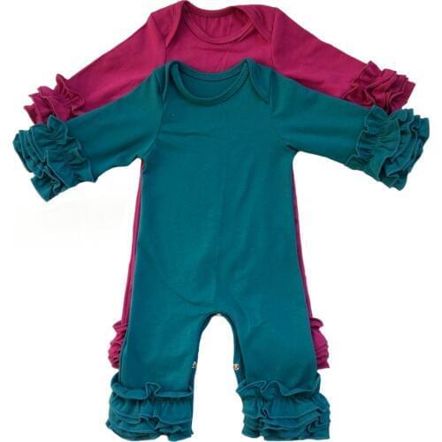 Popular colors olive plum peacock mustard wholesale baby gowns clothes cotton long sleeve Triple icing ruffle baby rompers