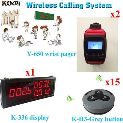 Restaurant Table Caller System; 15pcs Waterproof Service Button + 2pcs Watch Pager + 1pc 3-digit Monitor