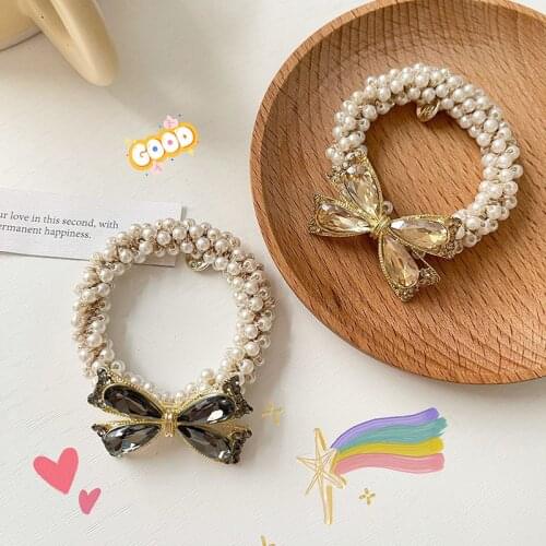 Korean Pearl Bow Hair Tie Hair Accessories Fairy Rubber Band Simple Rhinestone Jewelry Hair Band Hair Rope Elastic Hair Bands