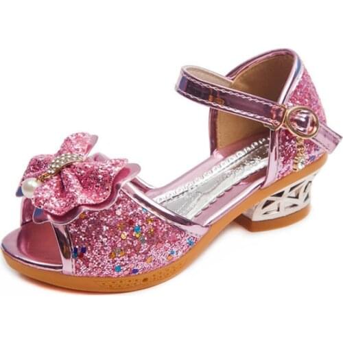 Girls Sandals Summer 2021 New Childrens Princess Shoes Little Girls High-heeled Bow-knot Crystal Sandals Party Dress Wedding