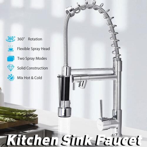 Pull Out Silver Kitchen Polished Chrome Finished Spring Basin Faucet Swivel Spout Vessel Sink Hot Cold Water Mixer Faucet EU